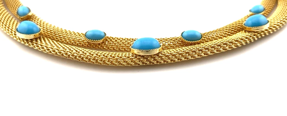 Vintage gold tone mesh necklace with simulated turquoise cabochons double strand 1970s