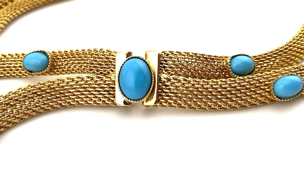 Vintage gold tone mesh necklace with simulated turquoise cabochons double strand 1970s