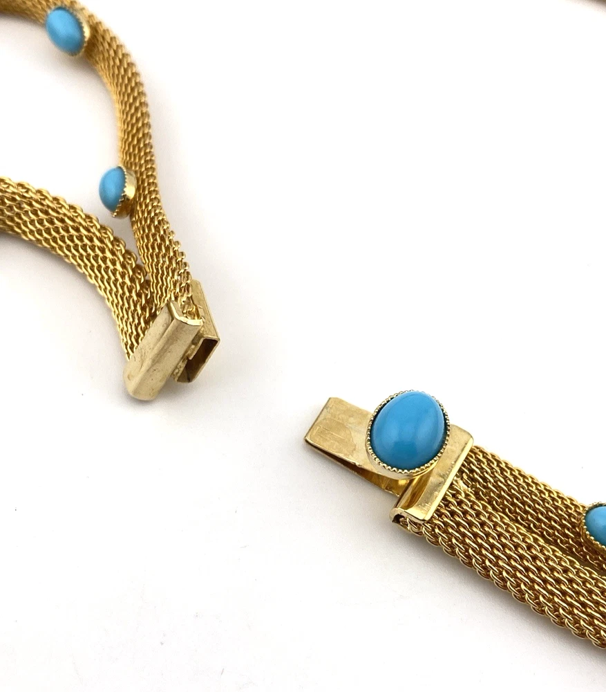 Vintage gold tone mesh necklace with simulated turquoise cabochons double strand 1970s