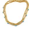 Vintage gold tone mesh necklace with simulated turquoise cabochons double strand 1970s
