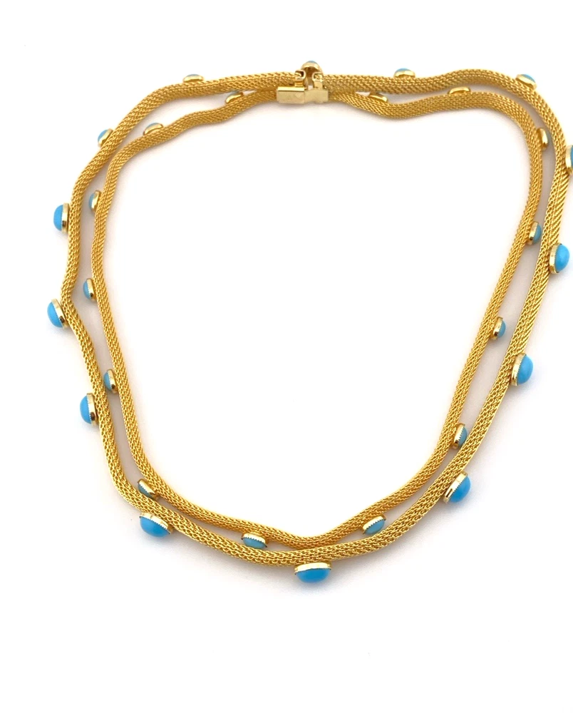 Vintage gold tone mesh necklace with simulated turquoise cabochons double strand 1970s