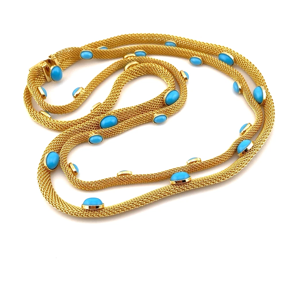 Vintage gold tone mesh necklace with simulated turquoise cabochons double strand 1970s