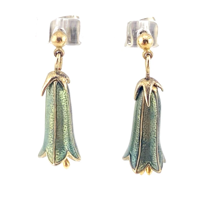 Vintage Sterling Silver Blue Enamel Bell Flower Drop Earrings