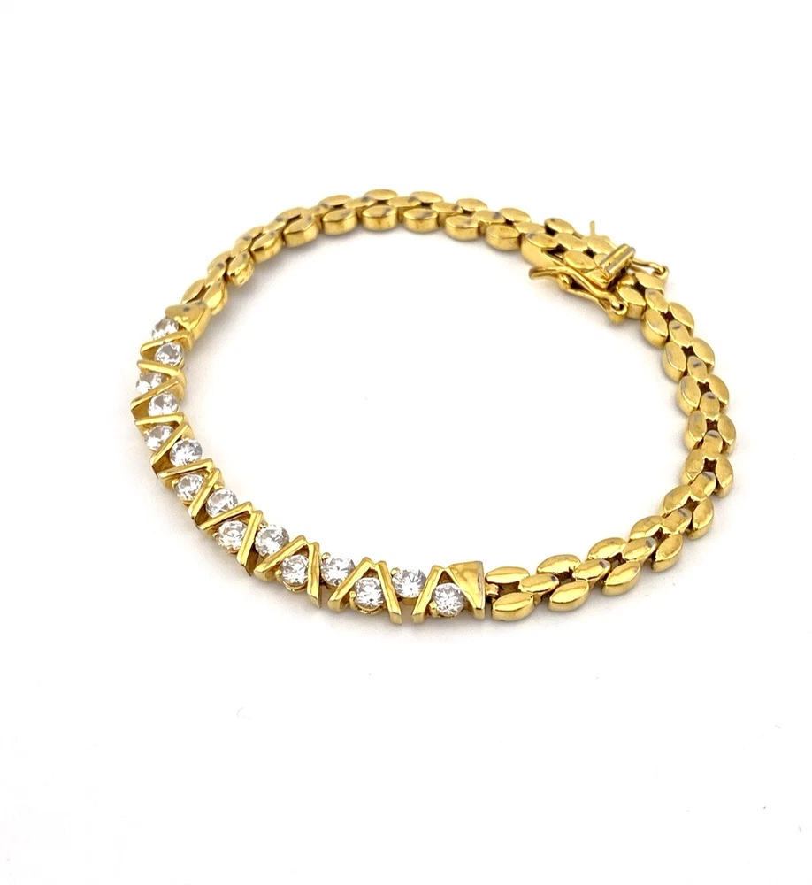 Gold over sterling silver bracelet with cubic zirconia stones panther link design 7 inch
