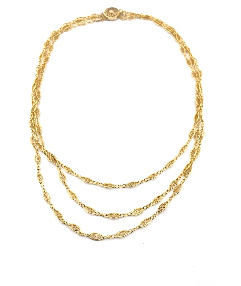 Triple Strand Filigree Necklace Gold Filled Vermeil Clasp 16 Inch