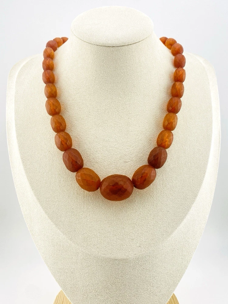 Antique Art Deco Amber Necklace Faceted Matte Graduated Beads 10K Gold Clasp