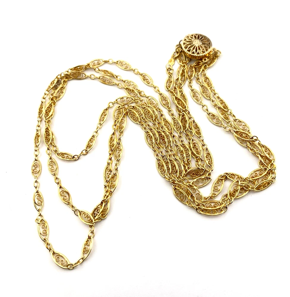 Triple strand gold filled necklace with filigree links and vermeil clasp layered design 16 inch