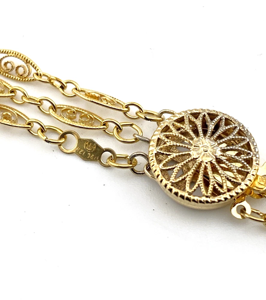 Triple strand gold filled necklace with filigree links and vermeil clasp layered design 16 inch