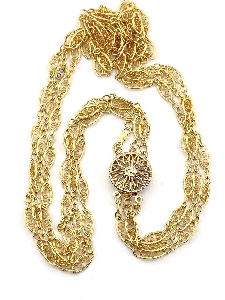 Triple strand gold filled necklace with filigree links and vermeil clasp layered design 16 inch