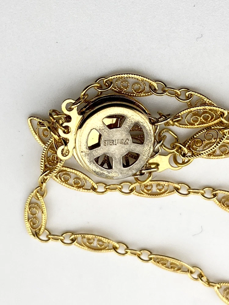 Triple strand gold filled necklace with filigree links and vermeil clasp layered design 16 inch