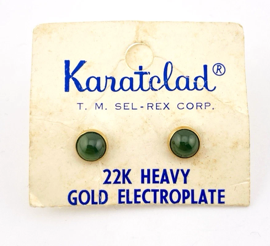 Vintage Nephrite Jade Stud Earrings Karatclad Gold Tone Cabochon Button On Original Card