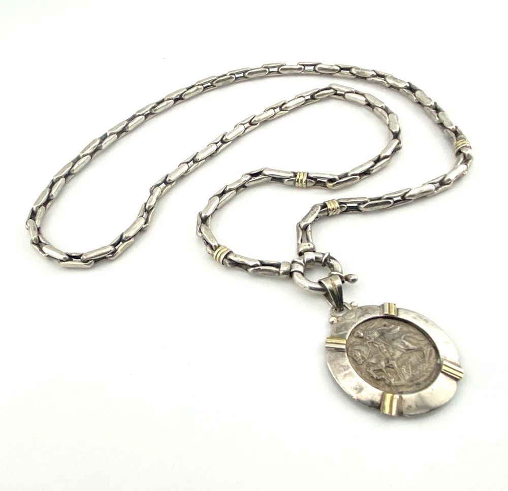 vintage st george coin pendant necklace alpaca silver tone chain