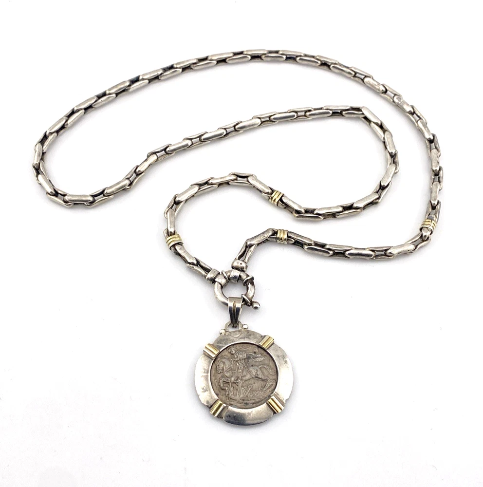 vintage st george coin pendant necklace alpaca silver tone chain