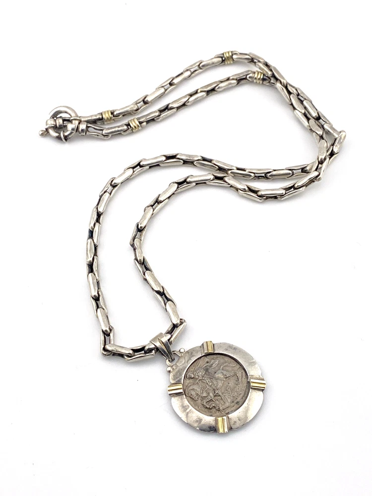 vintage st george coin pendant necklace alpaca silver tone chain