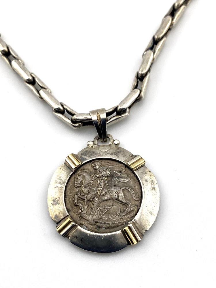 vintage st george coin pendant necklace alpaca silver tone chain