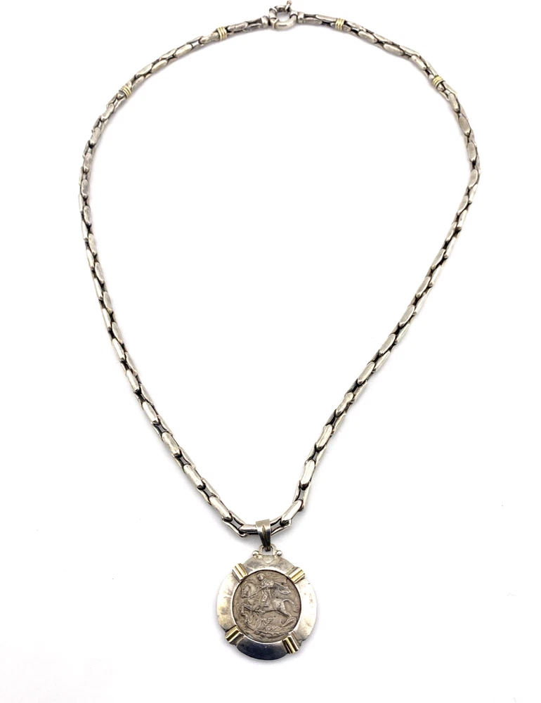 vintage st george coin pendant necklace alpaca silver tone chain