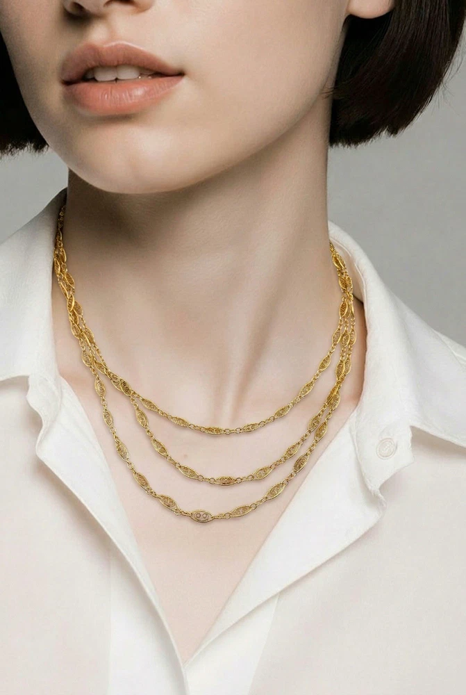 Triple strand gold filled necklace with filigree links and vermeil clasp layered design 16 inch
