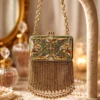 Vintage champleve enamel purse with chainmaille fringe and kisslock clasp