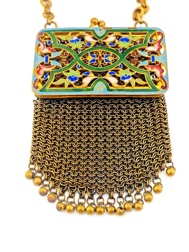 Vintage Champleve Enamel Chainmaille Purse Kisslock Wristlet