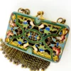 Vintage champleve enamel purse with chainmaille fringe and kisslock clasp