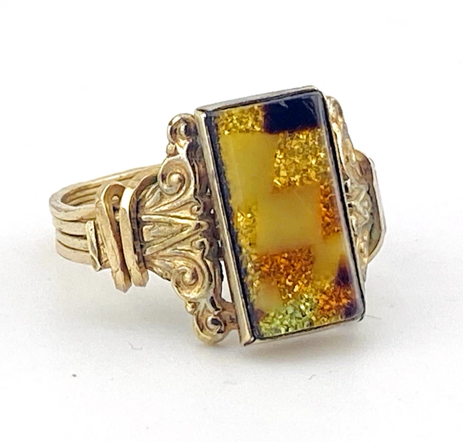 Vintage Dichroic Glass Ring Gold Filled Rectangular Size 5.75