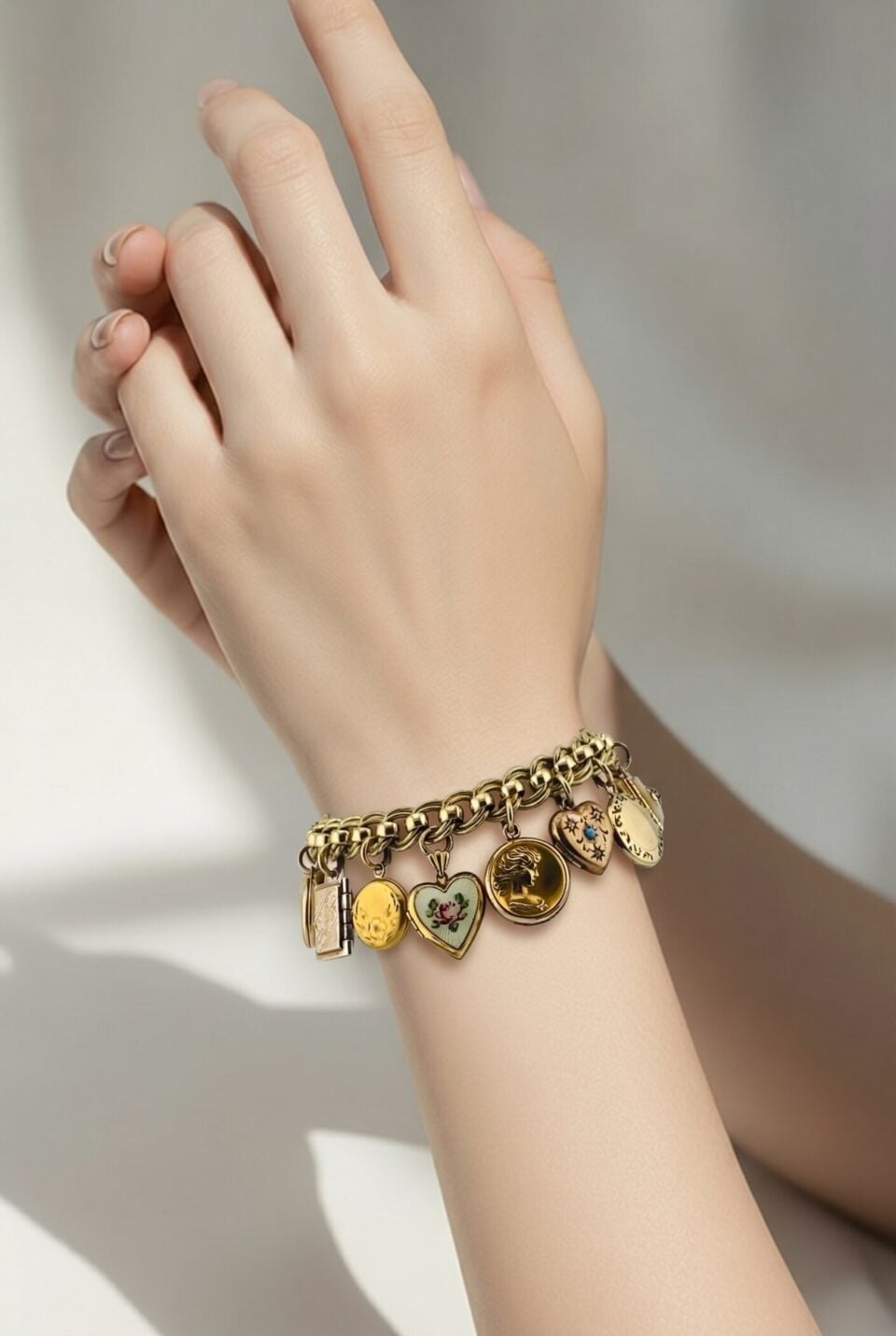 Vintage gold filled charm bracelet with fifteen locket charms including hearts book and enamel designs