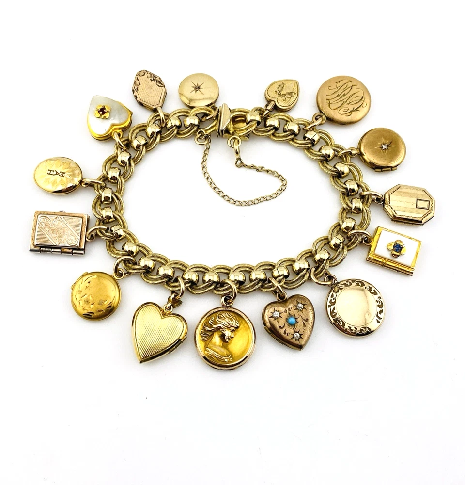 Vintage Gold Filled Locket Charm Bracelet with 15 Unique Lockets
