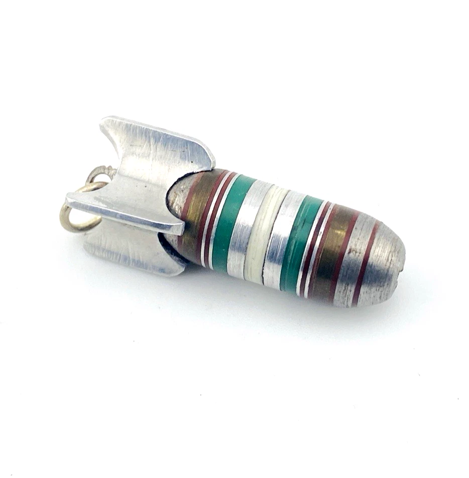 Vintage Missile Pendant Silver Tone Green White Enamel Novelty Fob