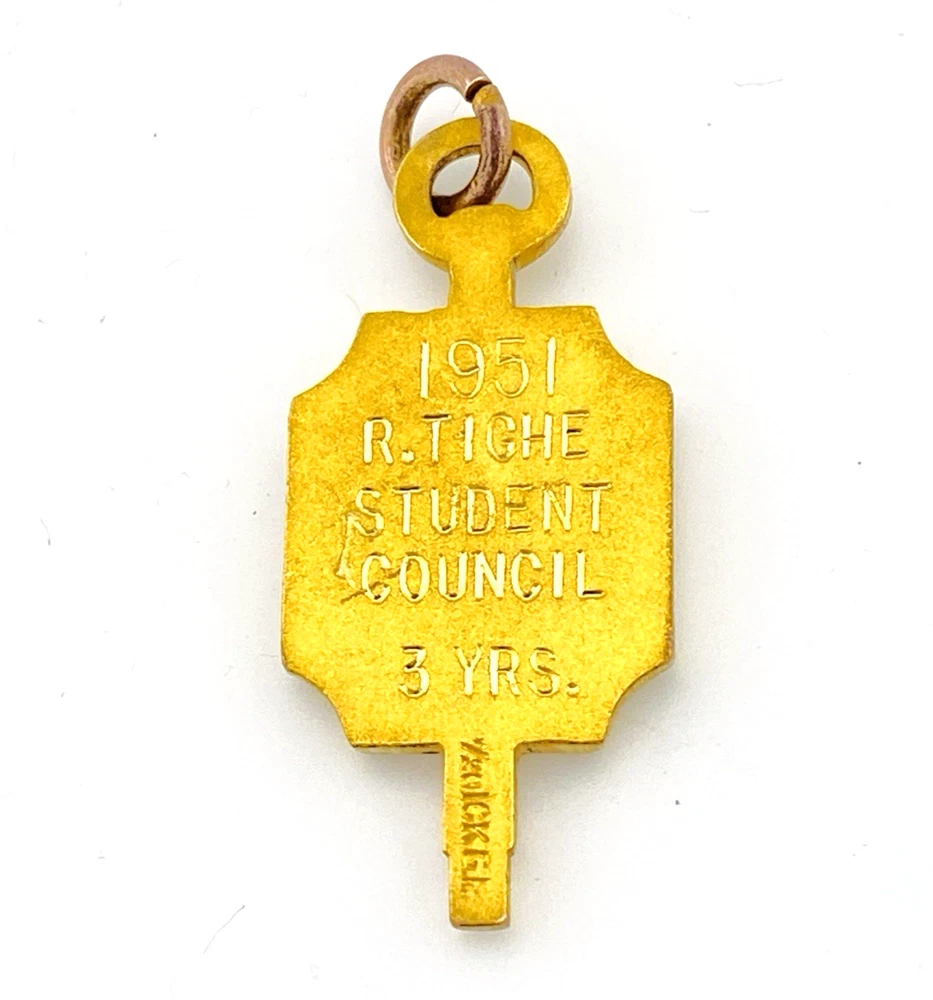 1951 CCNY Education For Business 10k gold filled key fob engraved R Tighe Student Council 3 Years - back showing inscription