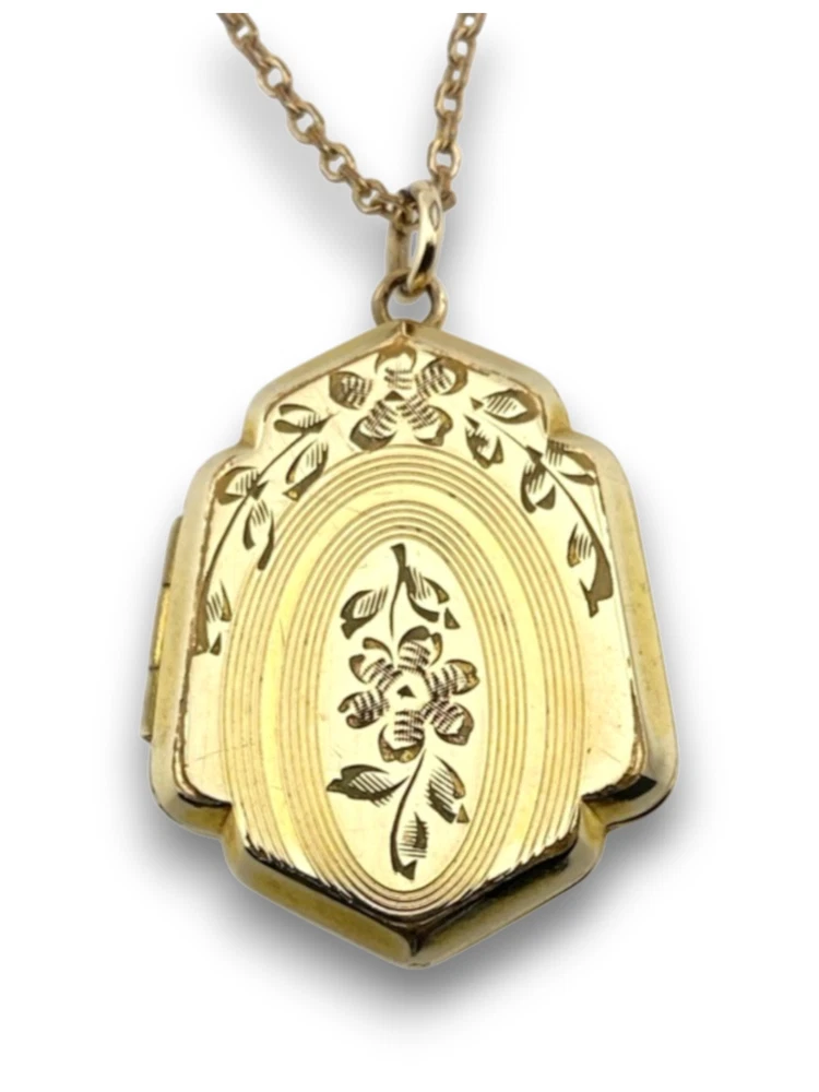 Antique Edwardian Gold Filled Shield Locket Necklace Floral Engraved 21 In