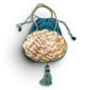 Antique Art Nouveau era mother-of-pearl and blue silk necessaire purse with scalloped shell panels, rope handles, and tassel.