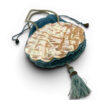 Antique Art Nouveau era mother-of-pearl and blue silk necessaire purse with scalloped shell panels, rope handles, and tassel.