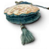 Antique Art Nouveau era mother-of-pearl and blue silk necessaire purse with scalloped shell panels, rope handles, and tassel.
