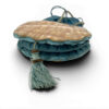 Antique Art Nouveau era mother-of-pearl and blue silk necessaire purse with scalloped shell panels, rope handles, and tassel.