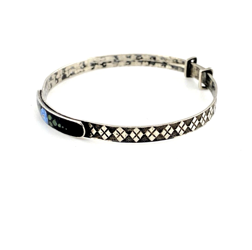 Art Deco JHP sterling silver child’s size bangle bracelet with champlevé enamel blue flower center and geometric textured band