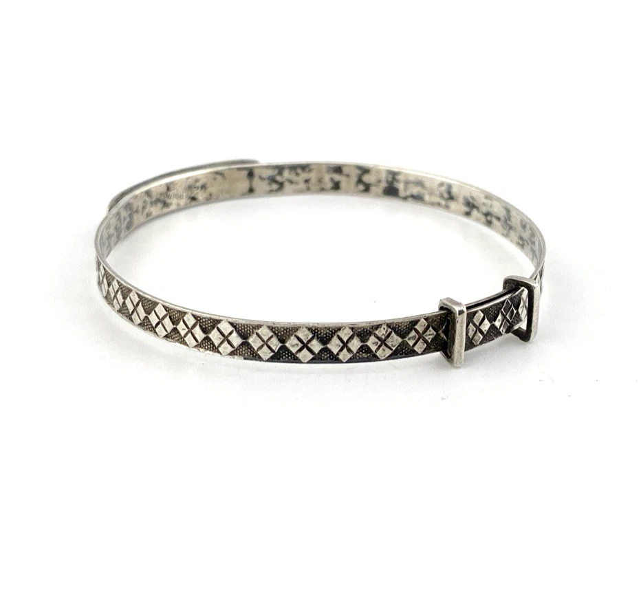 Art Deco JHP sterling silver child’s size bangle bracelet with champlevé enamel blue flower center and geometric textured band