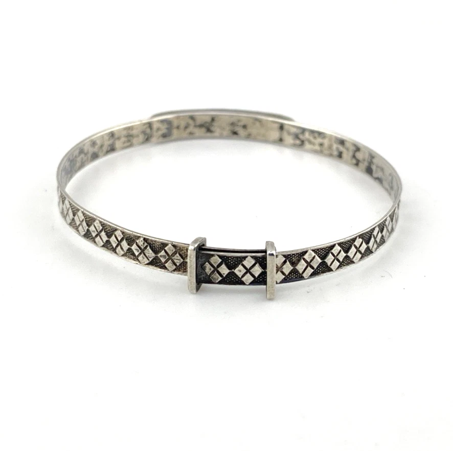 Art Deco JHP sterling silver child’s size bangle bracelet with champlevé enamel blue flower center and geometric textured band