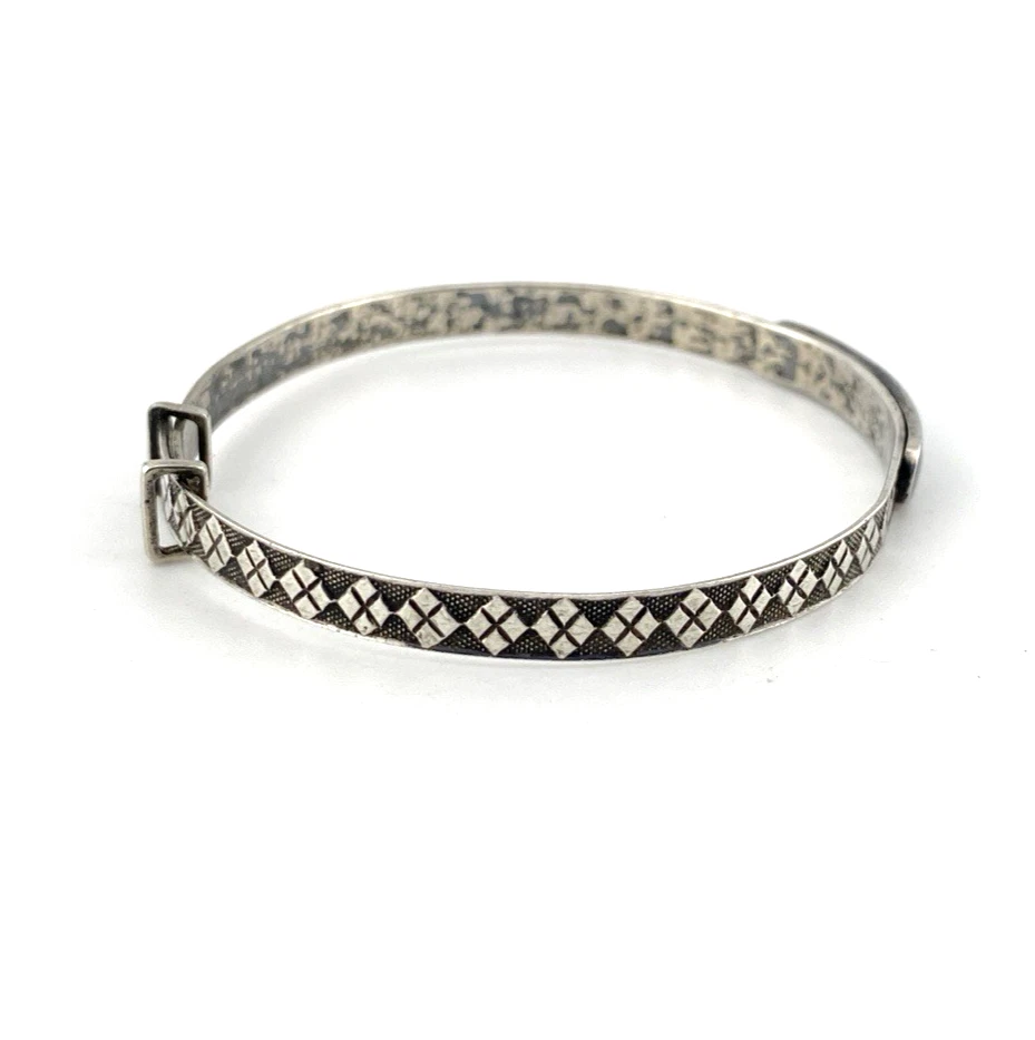 Art Deco JHP sterling silver child’s size bangle bracelet with champlevé enamel blue flower center and geometric textured band