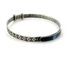 Art Deco JHP sterling silver child’s size bangle bracelet with champlevé enamel blue flower center and geometric textured band