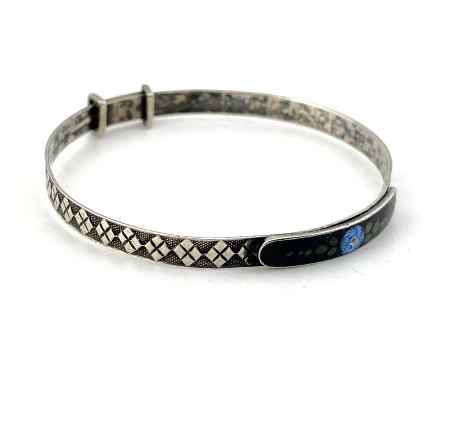 Art Deco JHP sterling silver child’s size bangle bracelet with champlevé enamel blue flower center and geometric textured band