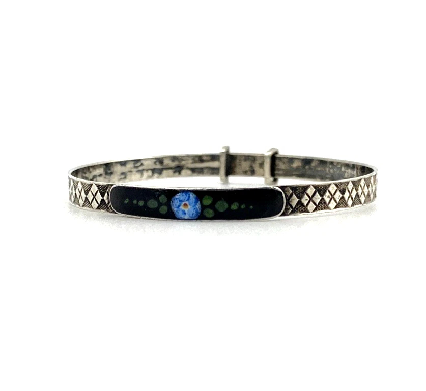 Art Deco JHP sterling silver child’s size bangle bracelet with champlevé enamel blue flower center and geometric textured band