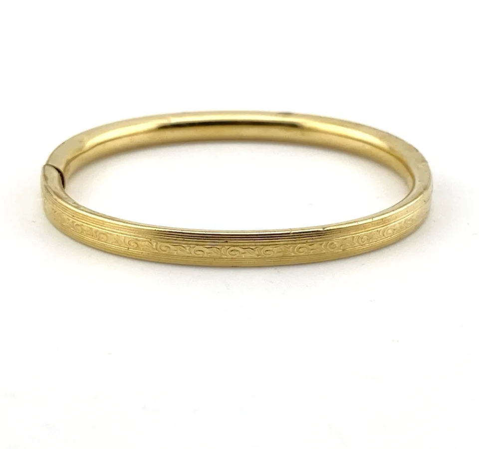 Ballou Child’s Size Gold Filled Hinged Bangle Bracelet With Engraved Texture