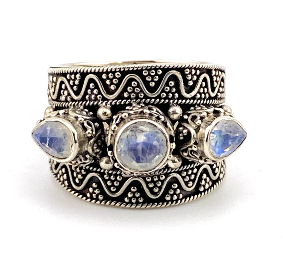 Blue Flash Moonstone Sterling Silver Cigar Band Ring