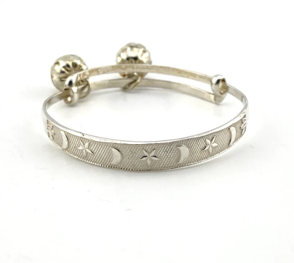 Child’s Size Sterling Silver Bangle Bracelet With Bell Charms Moon And Star Design