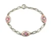 Child’s size 1940s sterling silver bracelet with pink guilloché enamel rose stations and squared oval links