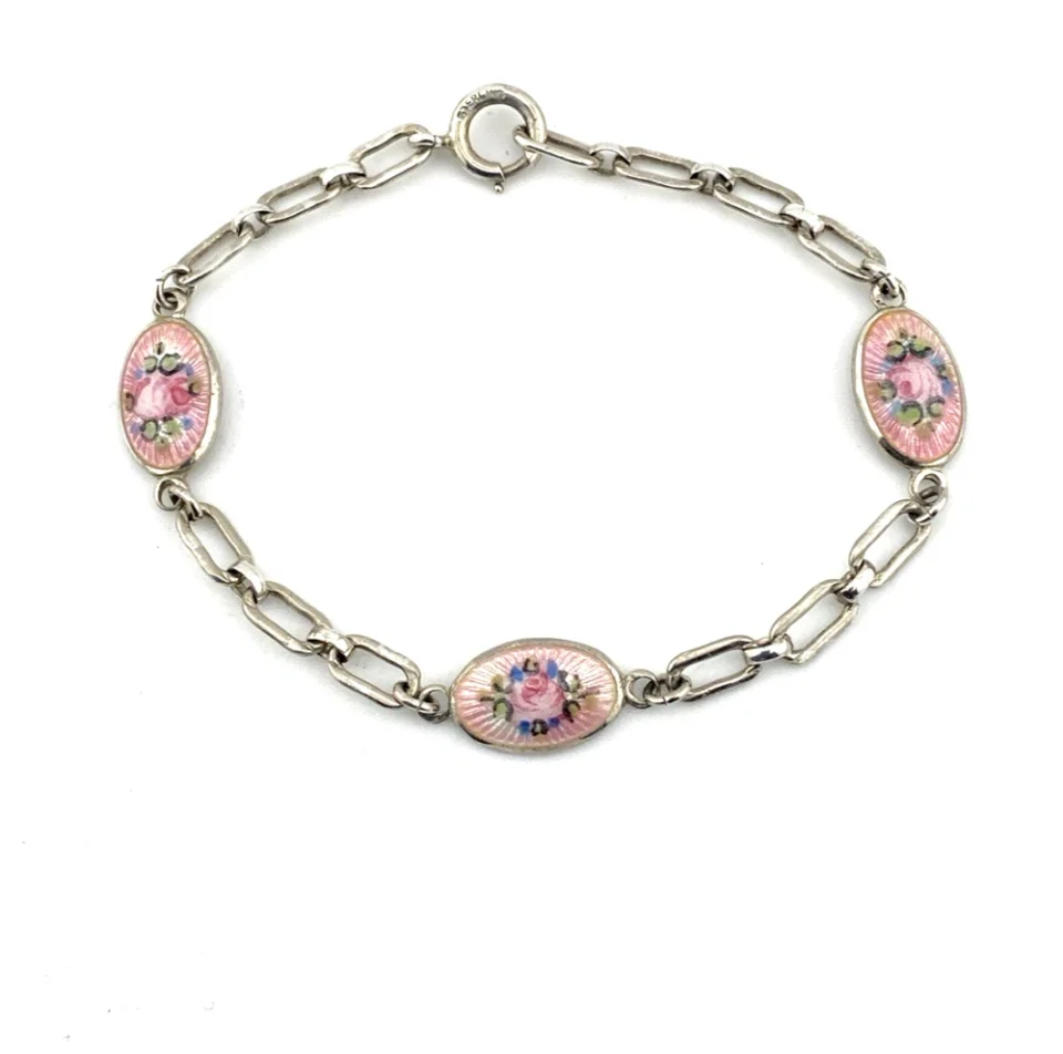 Child’s Size Sterling Silver Guilloché Enamel Pink Rose Bracelet 1940s