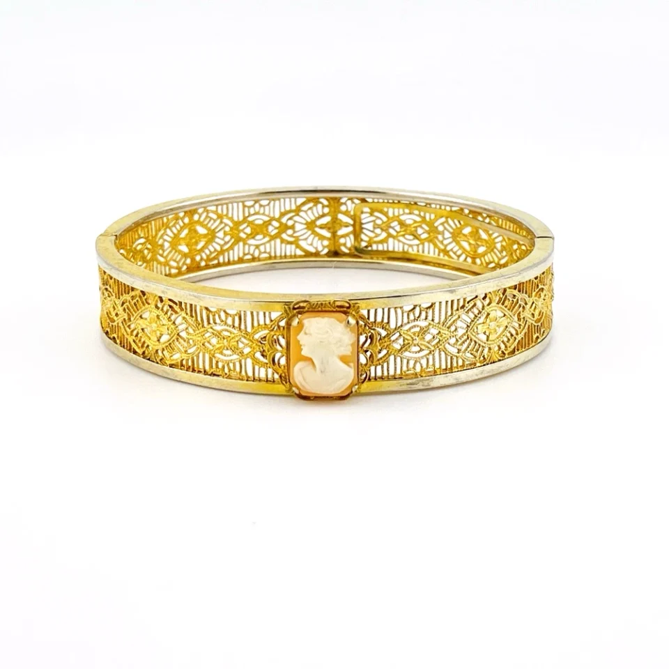Antique Gold Filled Filigree Shell Cameo Clamper Bracelet