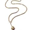 Gold filled repurposed pocket watch chain necklace with pink jeweled fob charm and mixed chain links