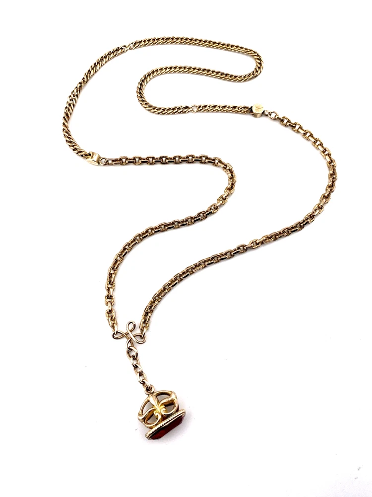 Gold filled repurposed pocket watch chain necklace with pink jeweled fob charm and mixed chain links