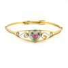 Signed Kiddie Kraft 1/20 12K gold filled sweetheart bangle bracelet with guilloche enamel heart, pink rose, and green leaves